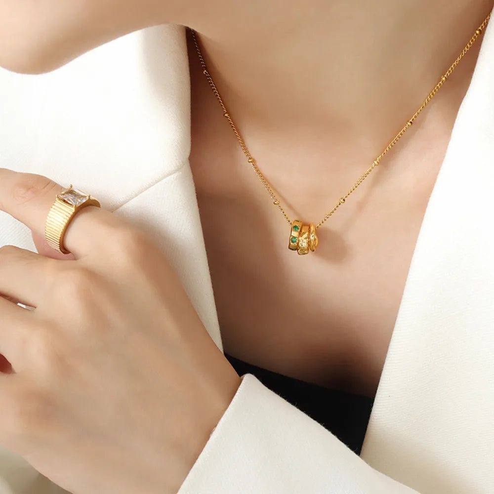 Fashion OL Titanium Steel Pendant Inlaid with Zircon Accessories Versatile Three Ring Buckle Necklace for Women