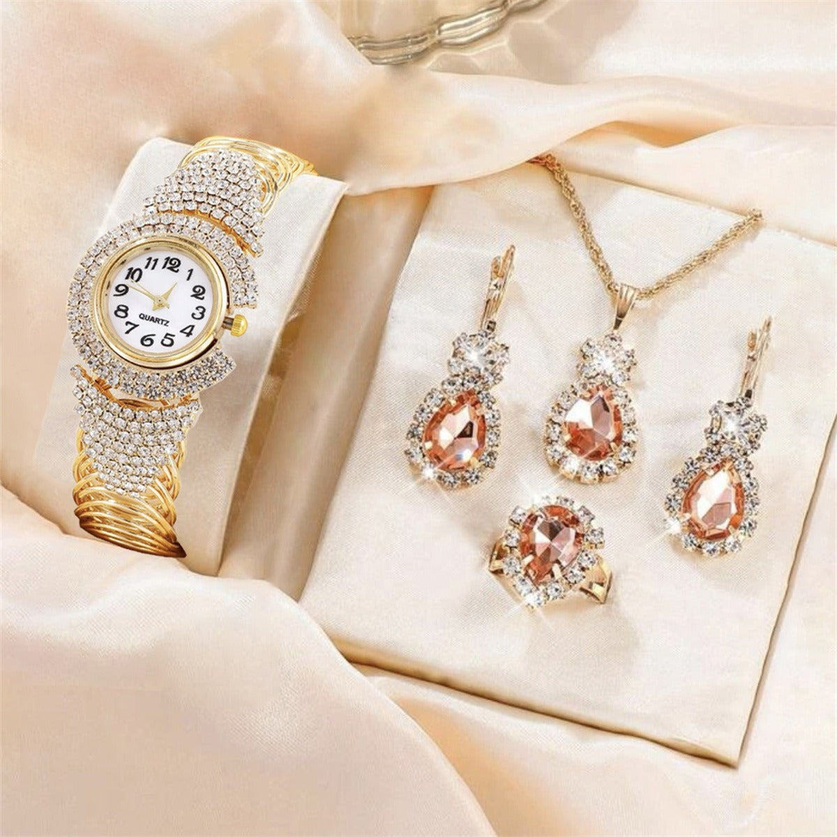 Fashion New Cross border Personality Trend Versatile Women's Diamond Bracelet Quartz Watch Necklace Ring Earring Set